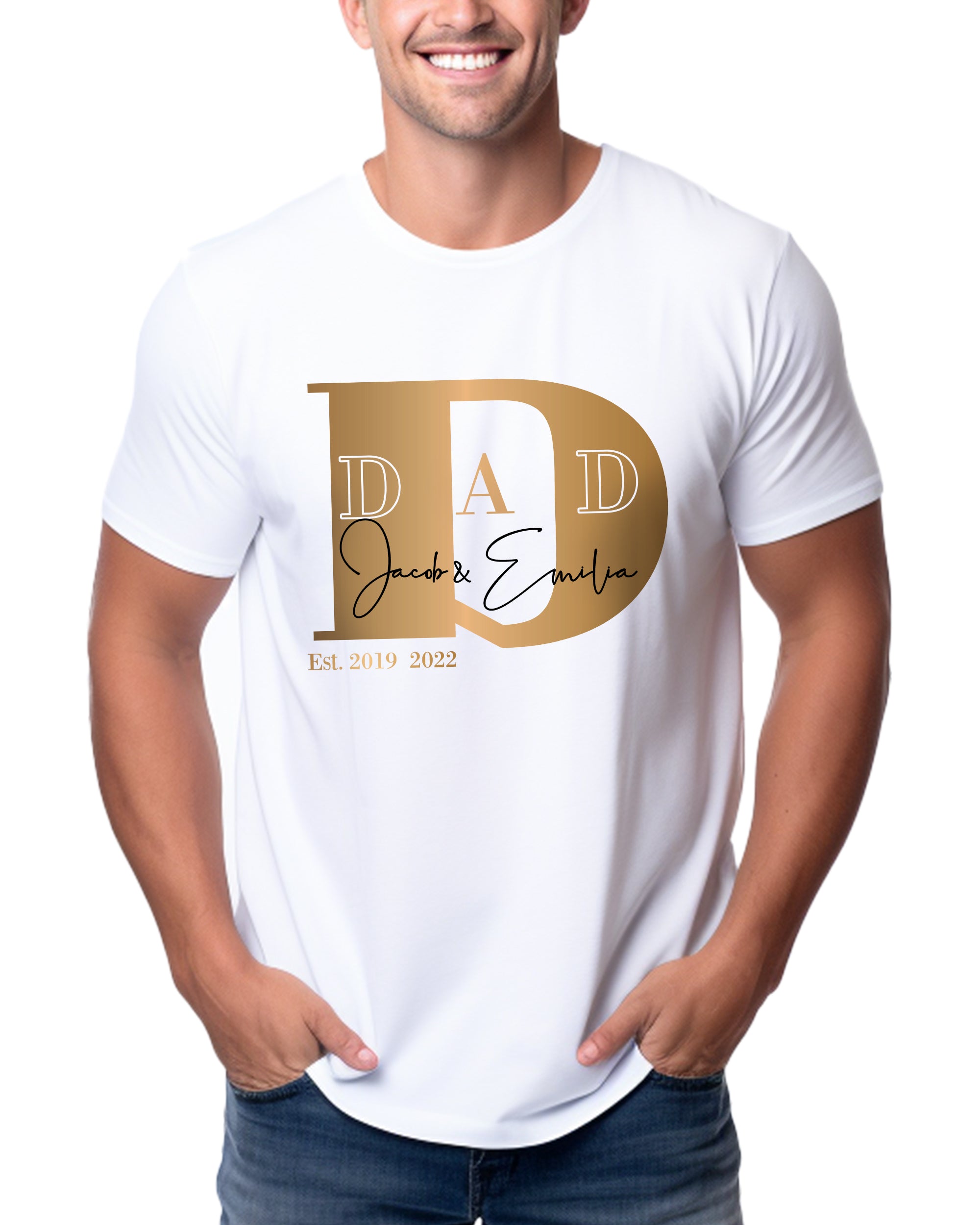 D-Dad T-Shirt weiß, personalisiert mit Kindernamen