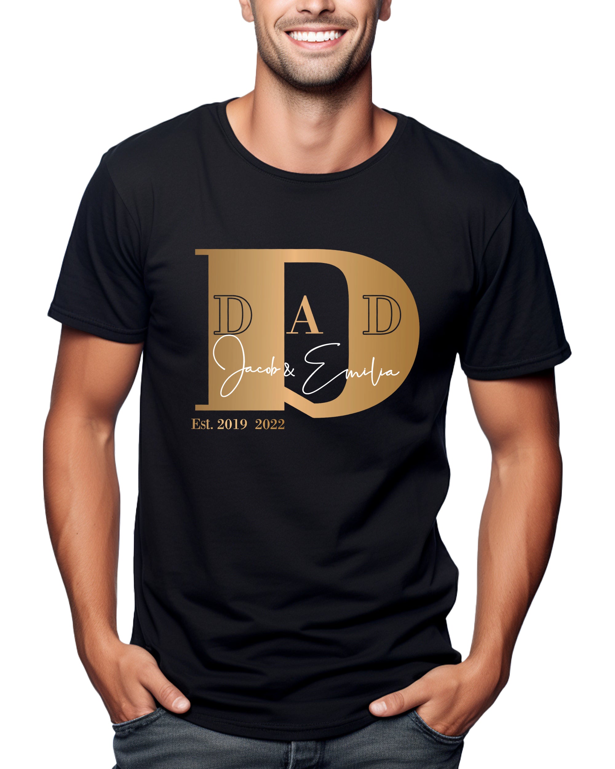 D-Dad T-Shirt schwarz, personalisiert mit Kindernamen