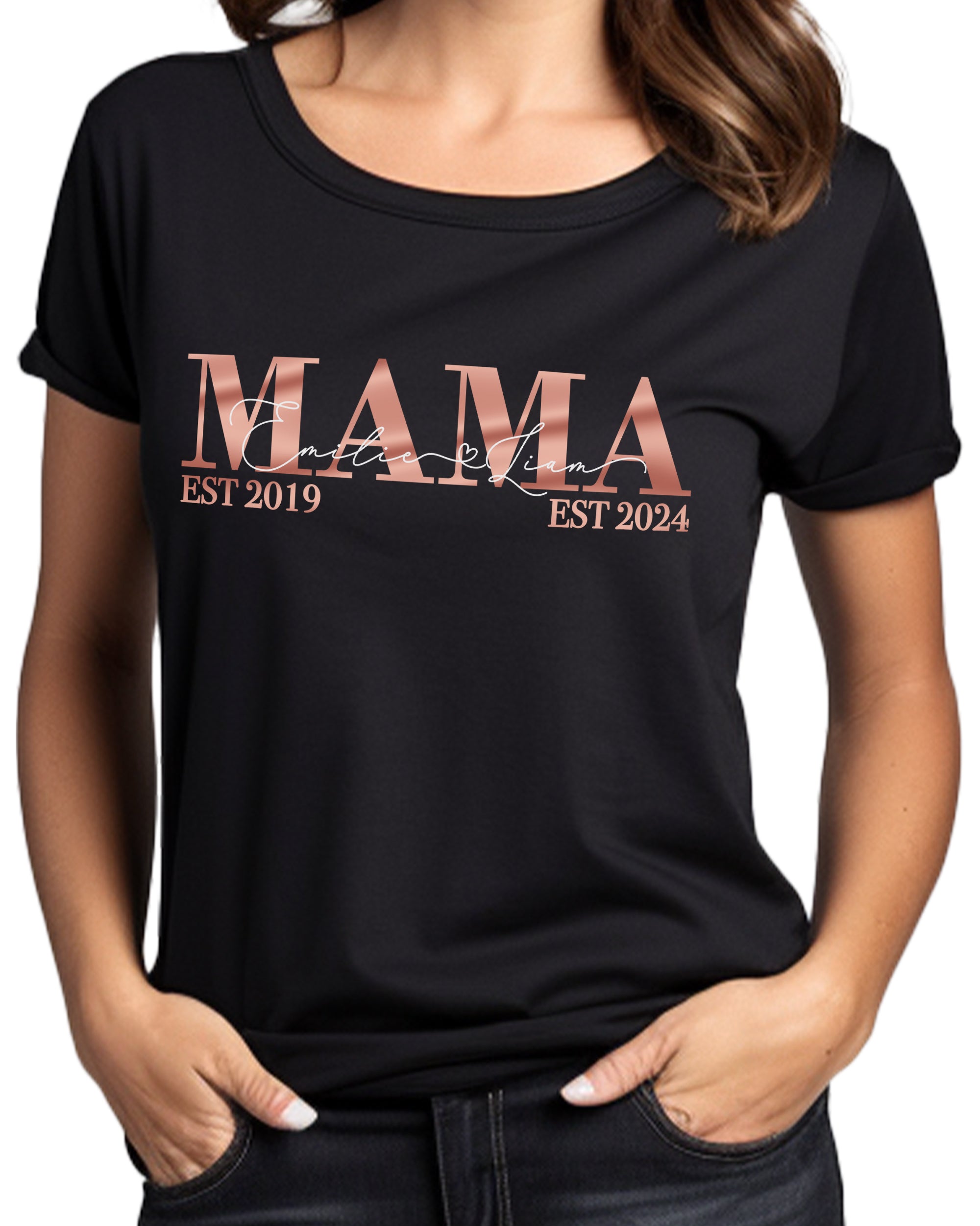 Classic Mama T-Shirt schwarz personalisiert mit Kindernamen