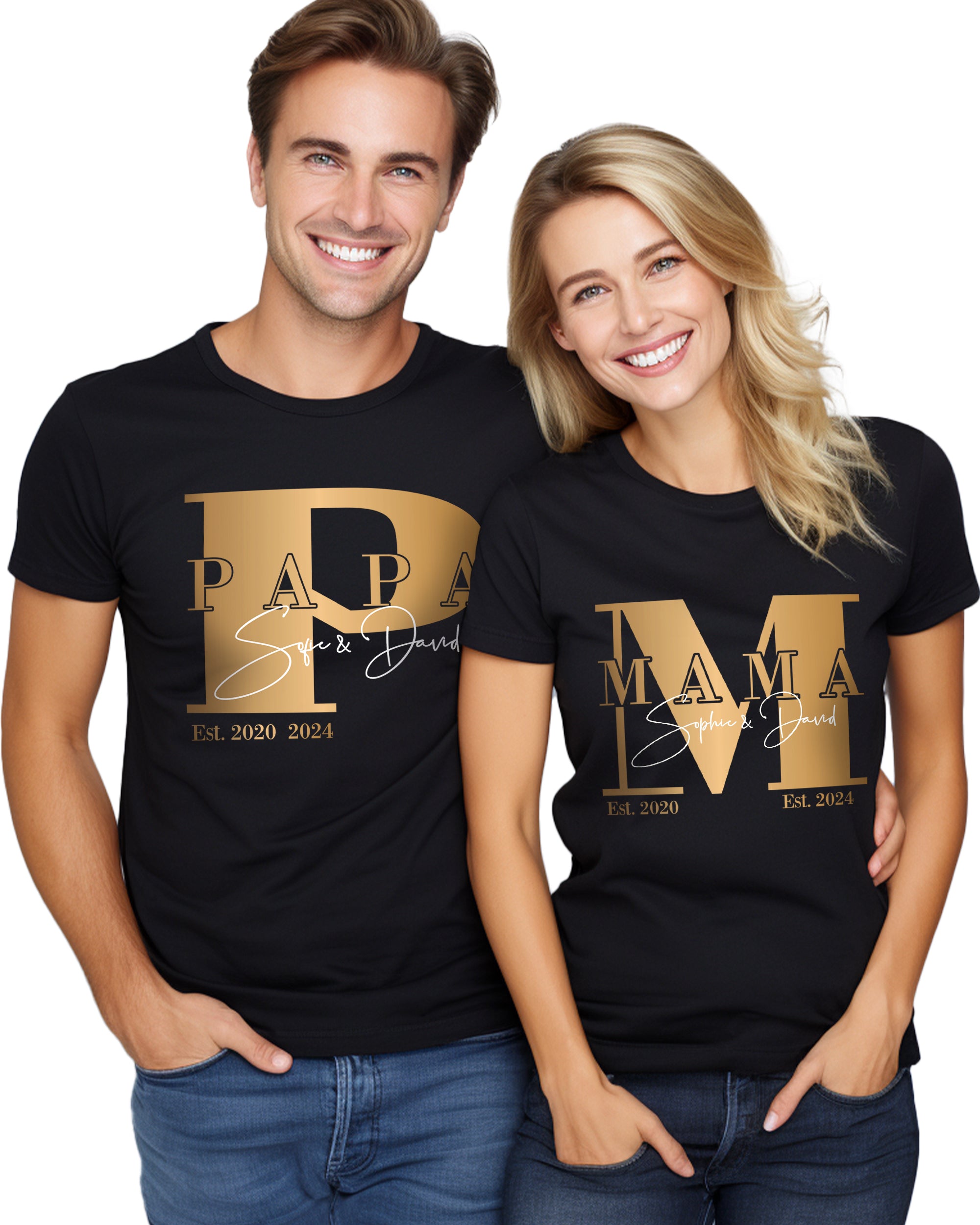 M-Mama / P-Papa T-Shirt schwarz personalisiert mit Kindernamen