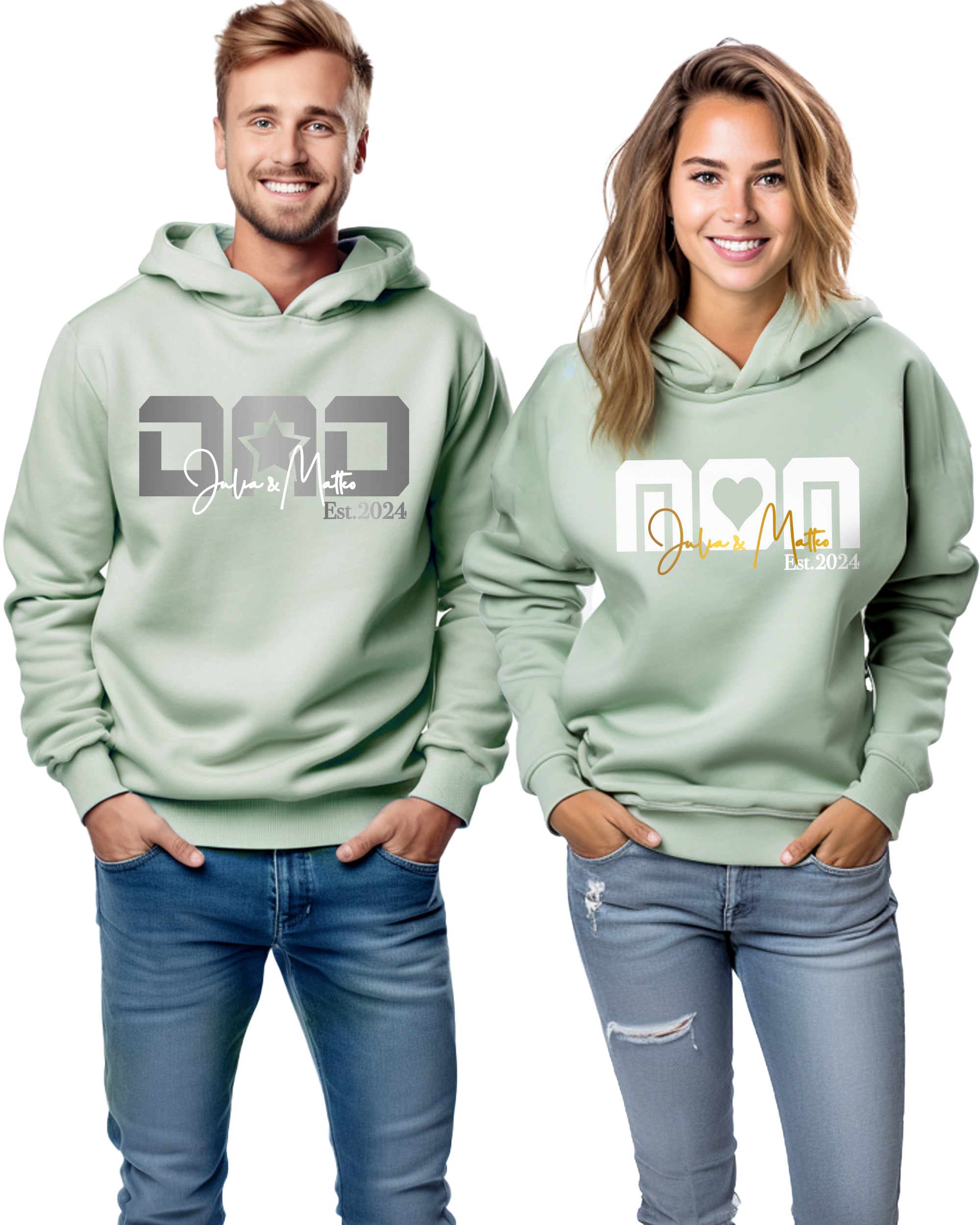 Monogramm Mom / Dad Pullover Pastellgrün personalisiert mit Kindernamen