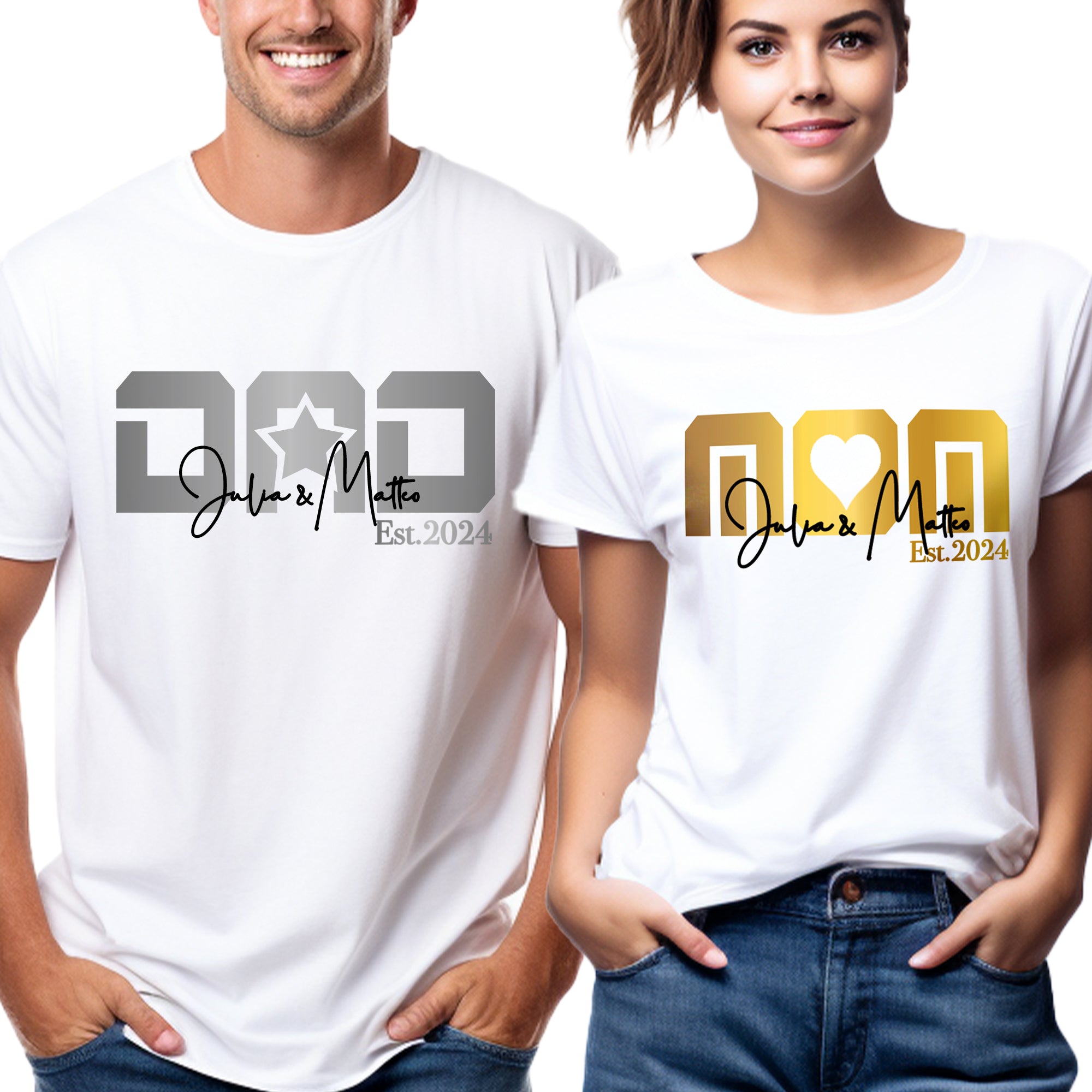 Monogramm Mom / Dad T-Shirt weiß personalisiert mit Kindernamen