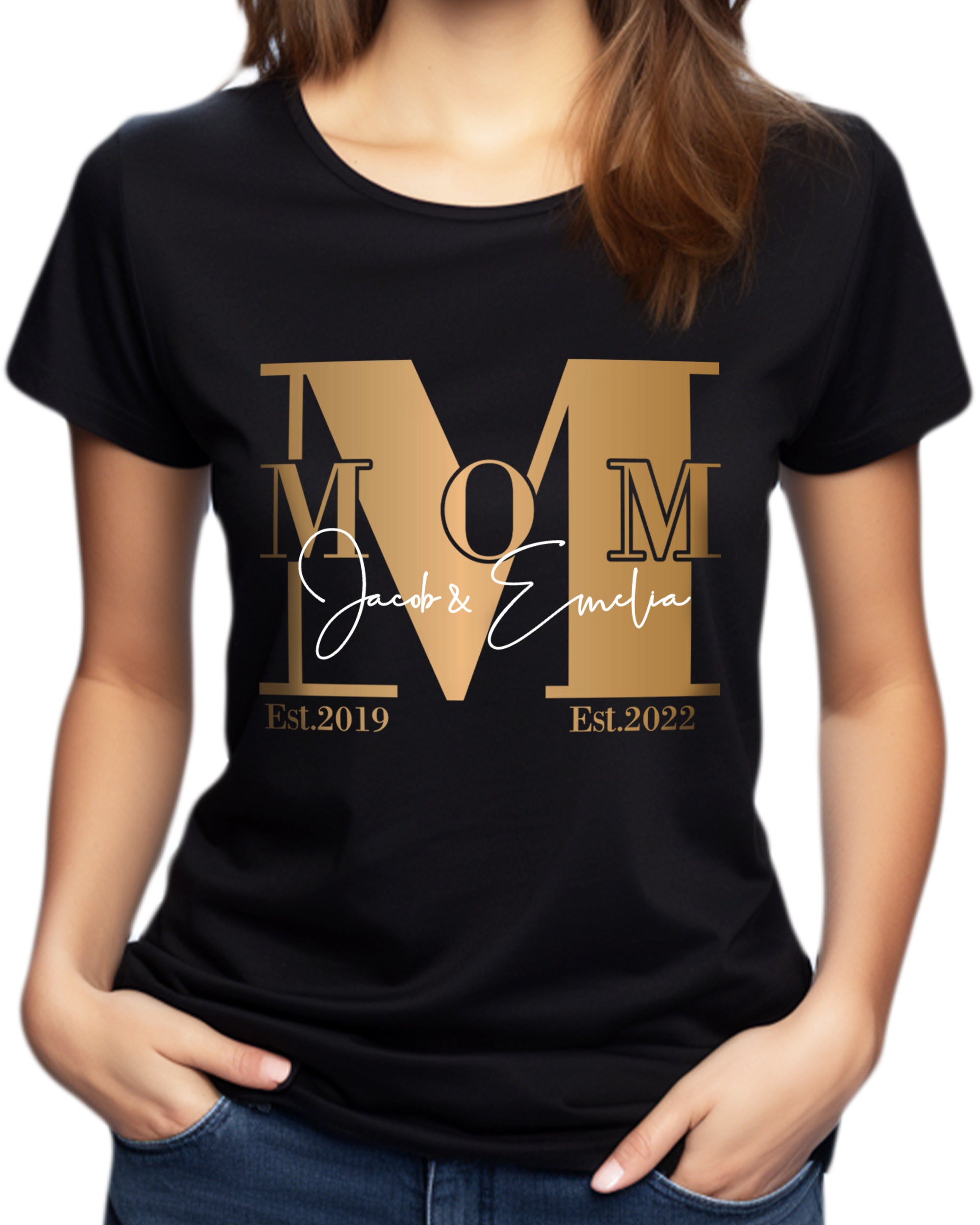 M-Mom T-Shirt schwarz personalisiert mit Kindernamen