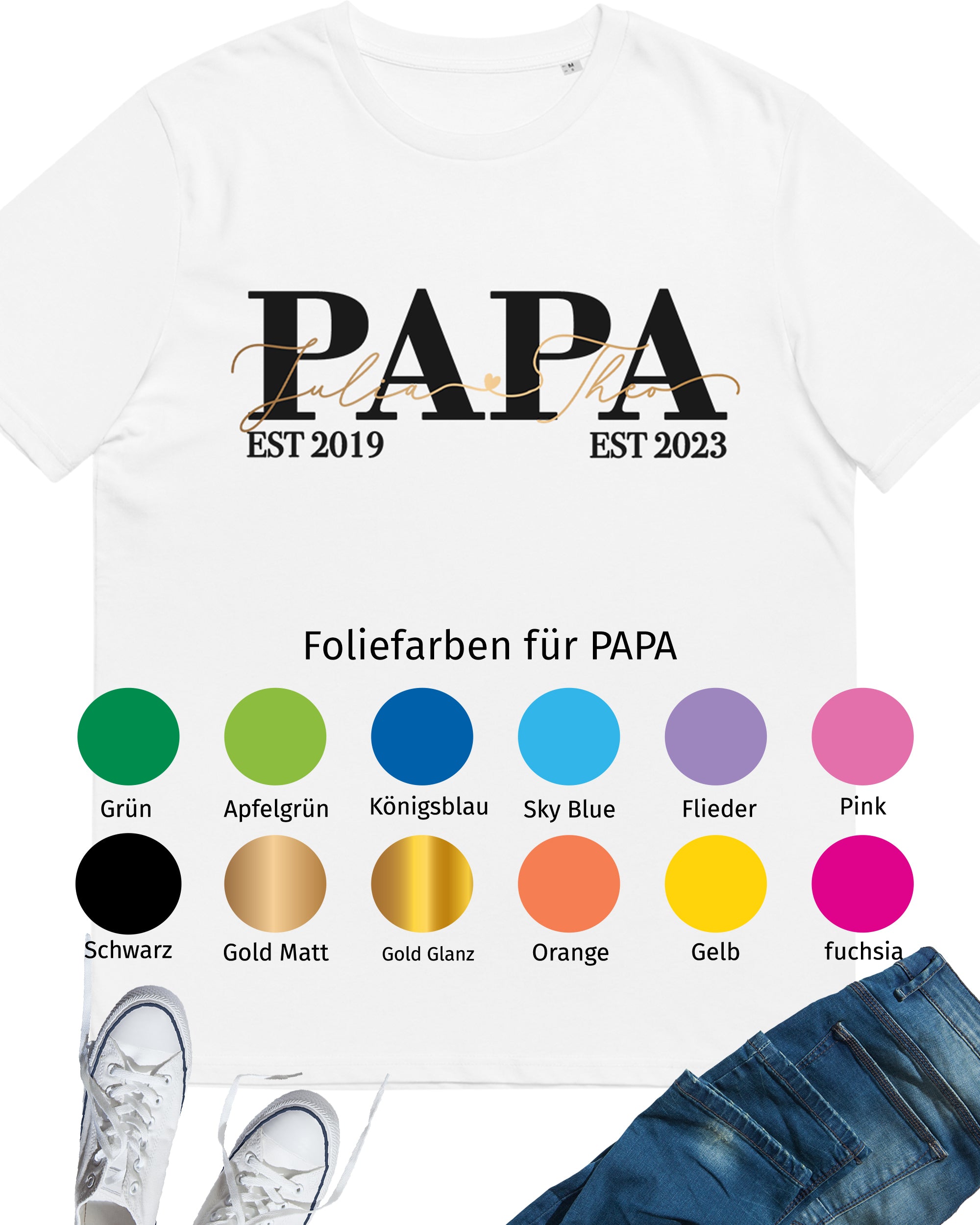 Classic Papa T-Shirt weiß, personalisiert mit Kindernamen