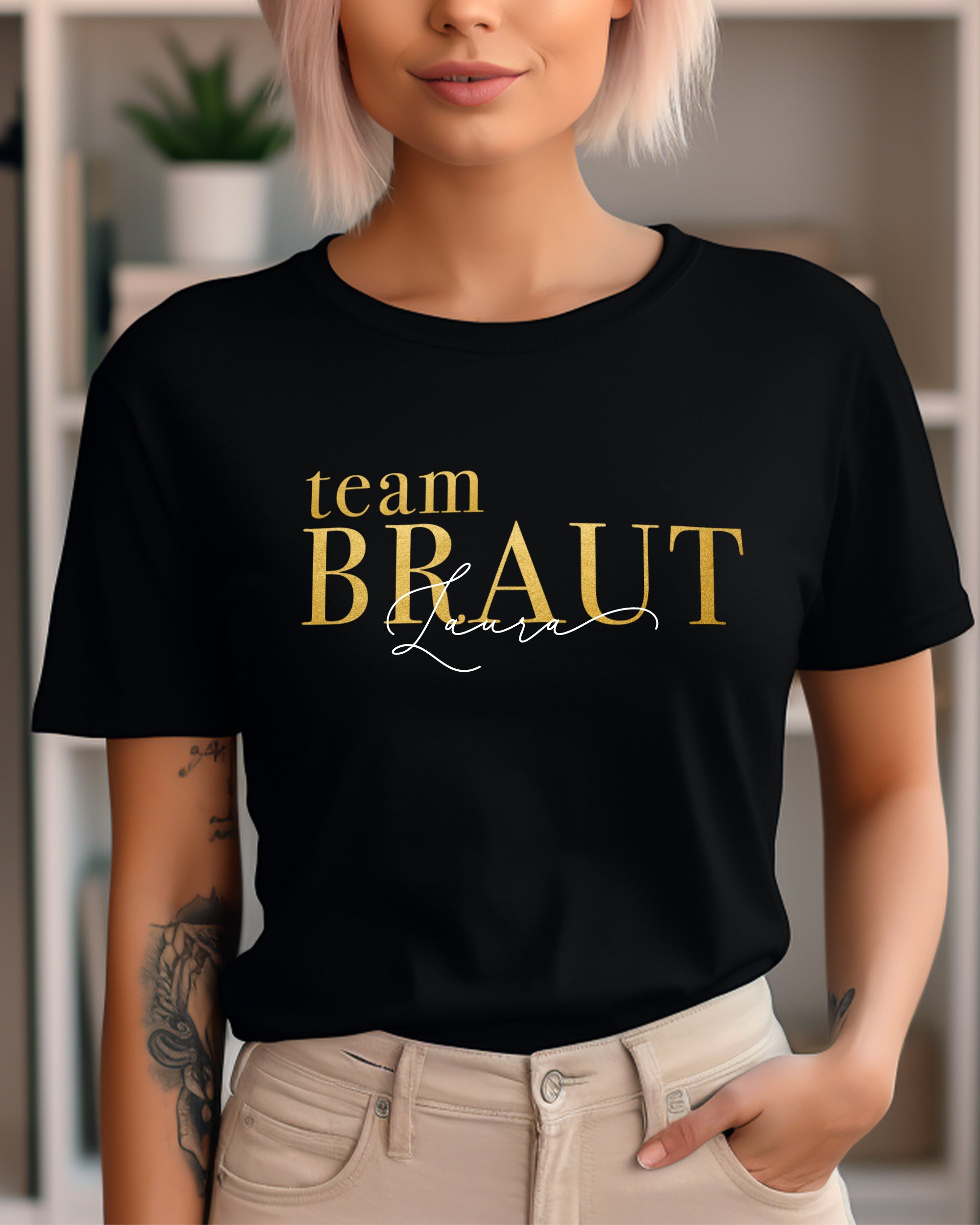 JGA 02 - Team Braut Gold glanz mit Namen - Shirt schwarz