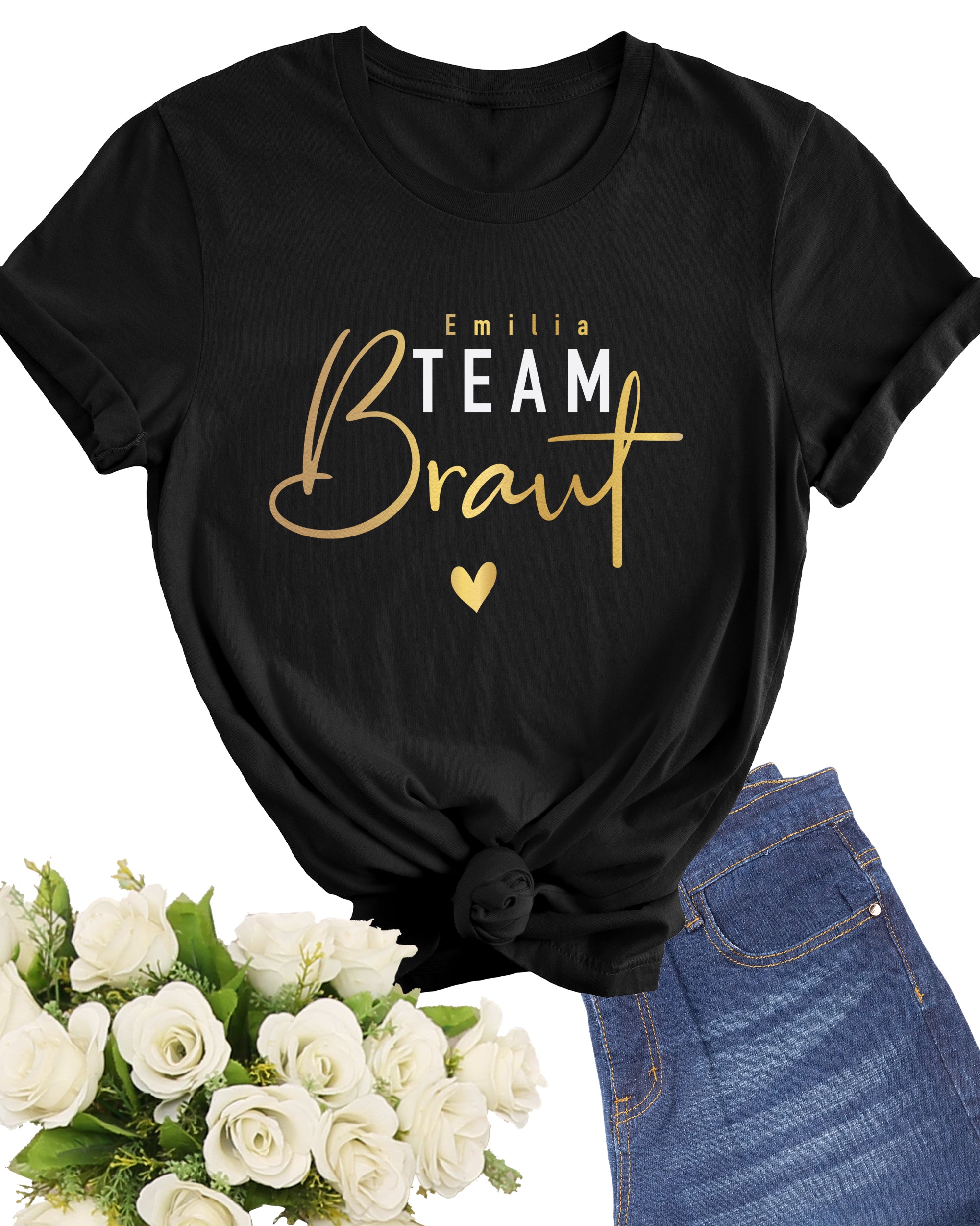 JGA 01 - Team Braut Gold glanz mit Namen - Shirt schwarz