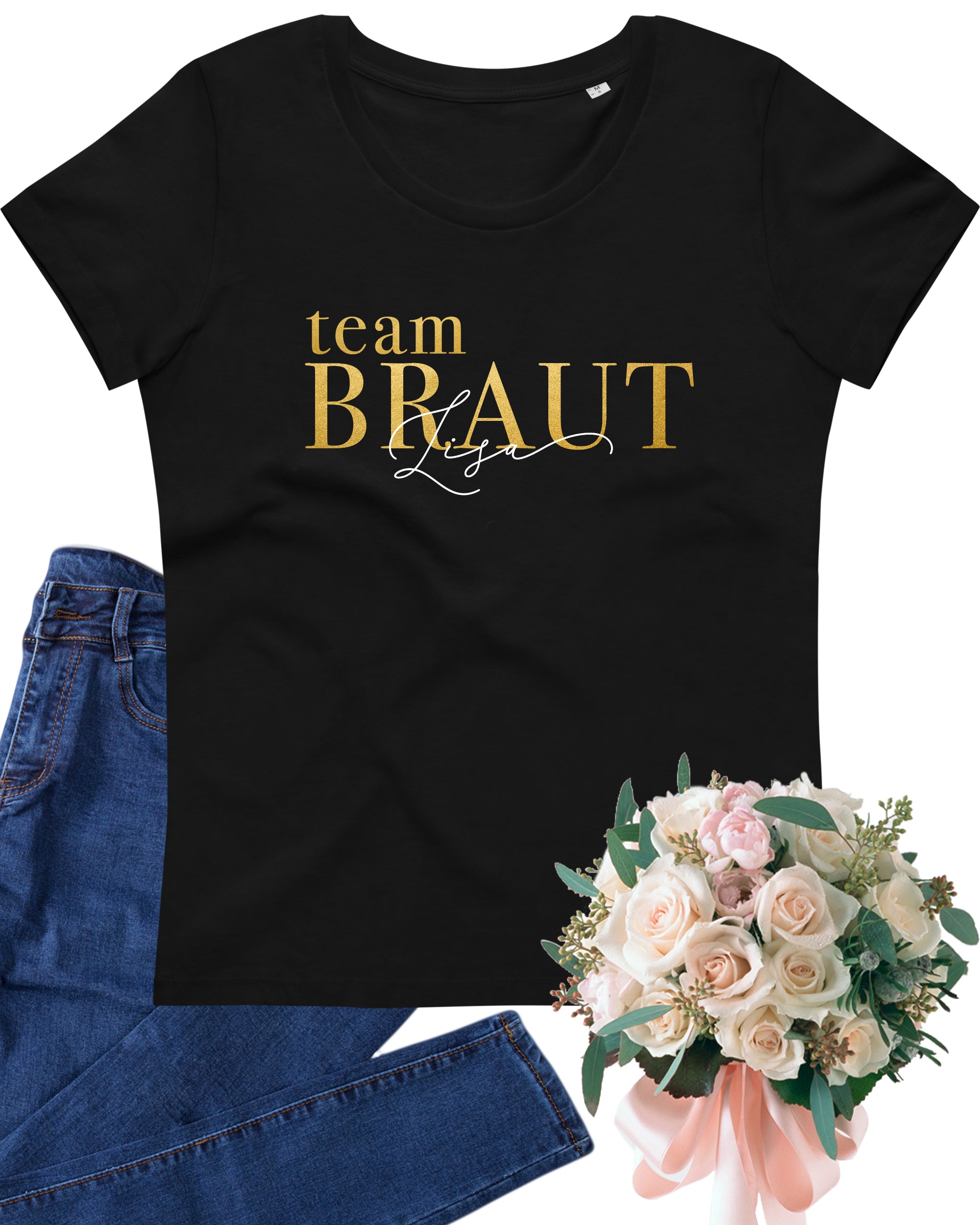 JGA 02 - Team Braut Gold glanz mit Namen - Shirt schwarz