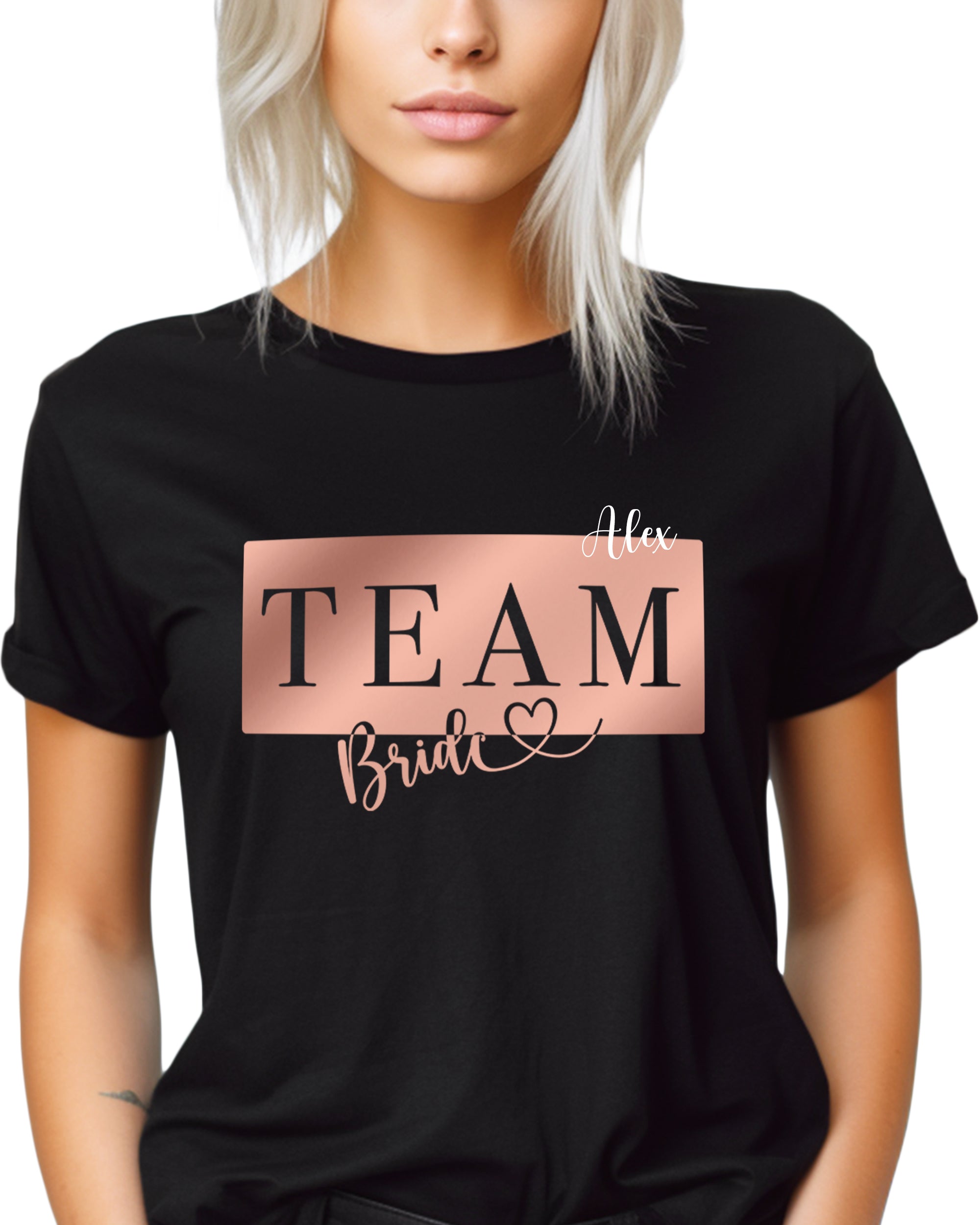 JGA 003 - Team Bride Plate Roségold mit Namen - Shirt schwarz